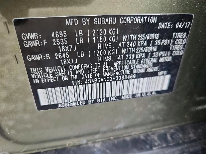 2017 SUBARU OUTBACK 2.5I LIMITED  