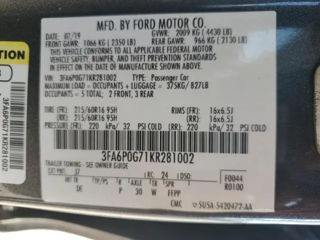 2019 FORD FUSION S  