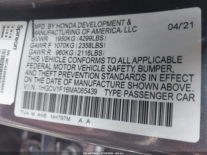 2021 HONDA ACCORD LX