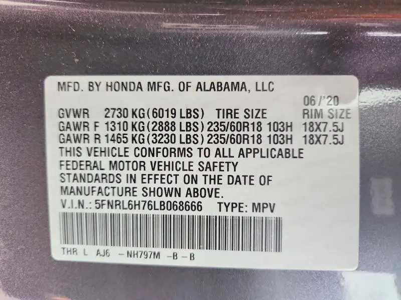 2020 HONDA ODYSSEY EXL  