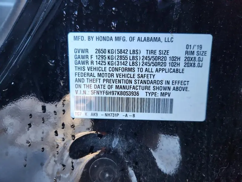 2019 HONDA PILOT TOURING  