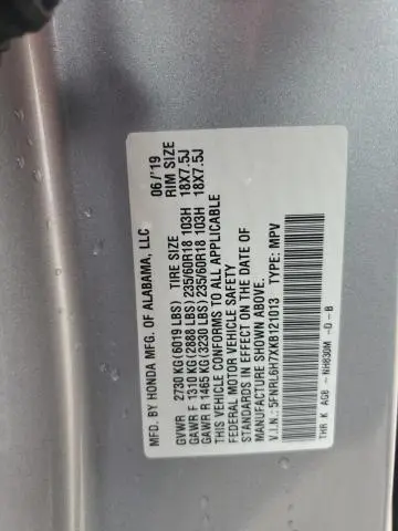 2019 HONDA ODYSSEY EXL  
