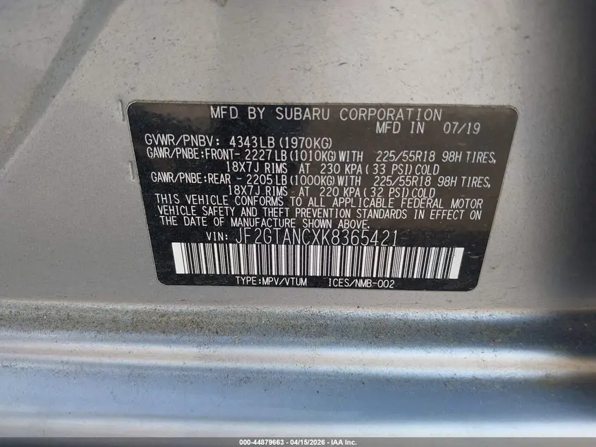 2019 SUBARU CROSSTREK 2.0I LIMITED