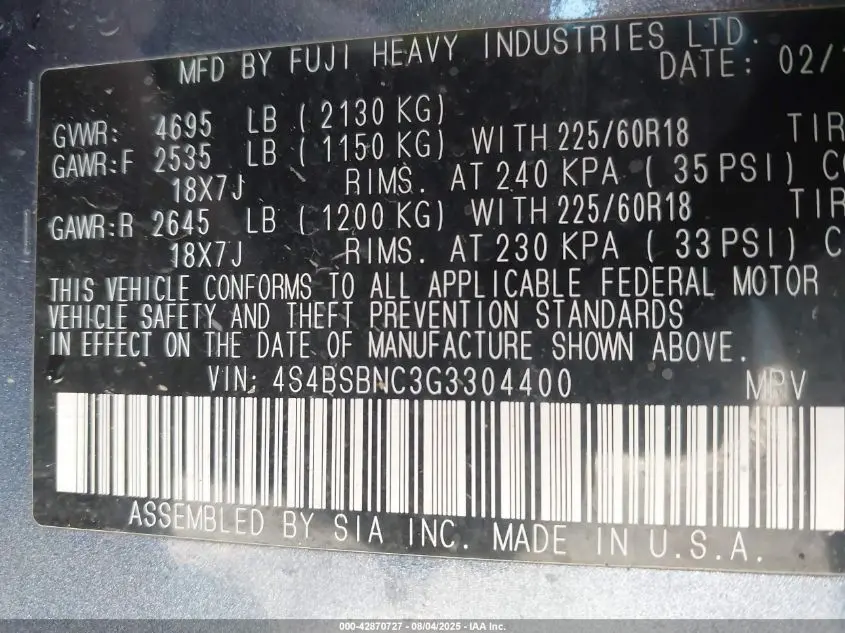 2016 SUBARU OUTBACK 2.5I LIMITED