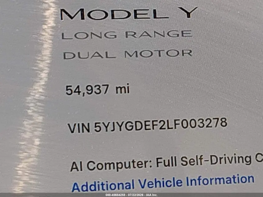 2020 TESLA MODEL Y LONG RANGE DUAL MOTOR ALL-WHEEL DRIVE/PERFORMANCE DUAL MOTOR ALL-WHEEL DRIVE