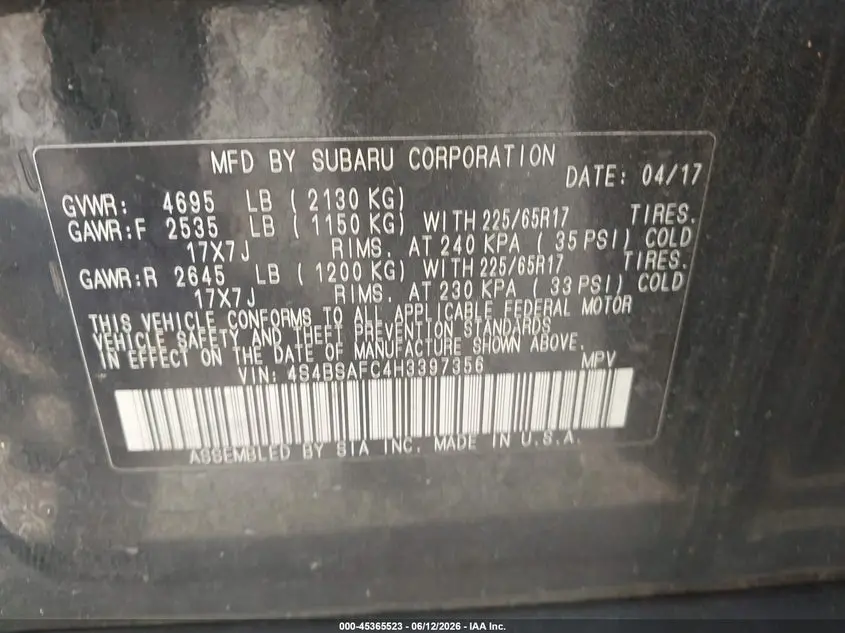 2017 SUBARU OUTBACK 2.5I PREMIUM