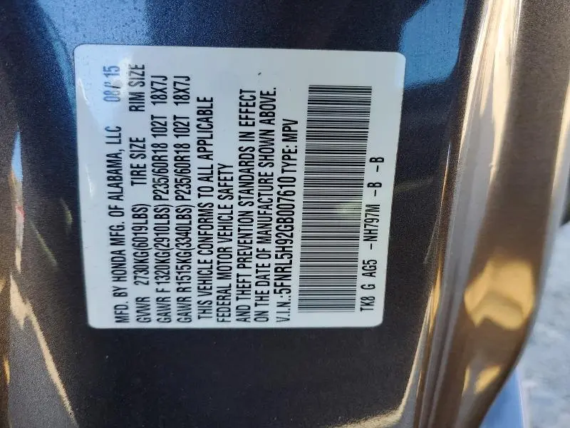 2016 HONDA ODYSSEY TOURING  