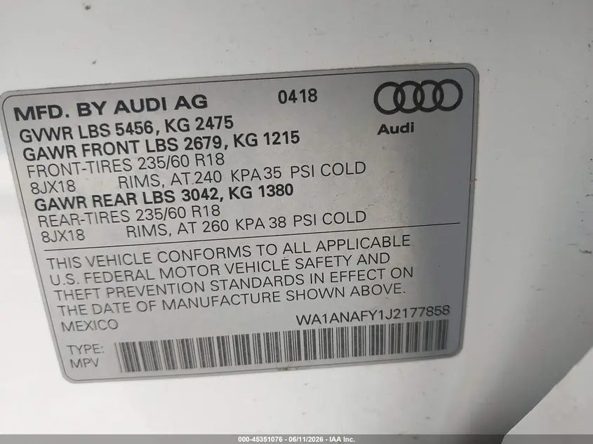 2018 AUDI Q5 2.0T PREMIUM/2.0T TECH PREMIUM