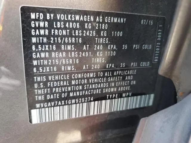 2016 VOLKSWAGEN TIGUAN S  