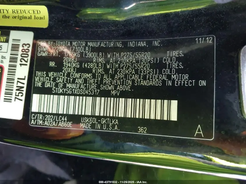 2013 TOYOTA SEQUOIA LIMITED 5.7L V8