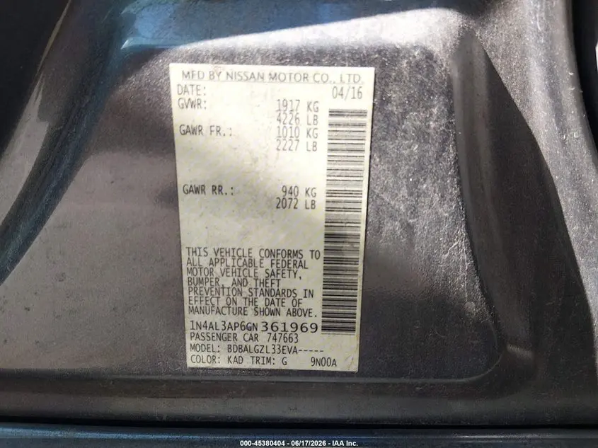 2016 NISSAN ALTIMA 2.5/2.5 S/2.5 SL/2.5 SR/2.5 SV