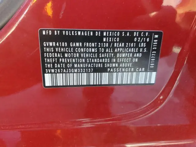 2016 VOLKSWAGEN JETTA S  