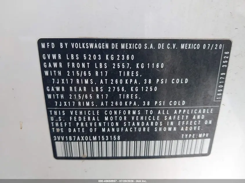 2020 VOLKSWAGEN TIGUAN 2.0T S