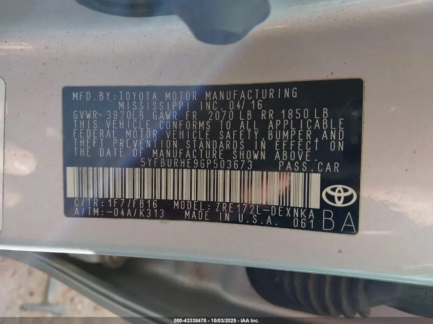 2016 TOYOTA COROLLA LE PLUS