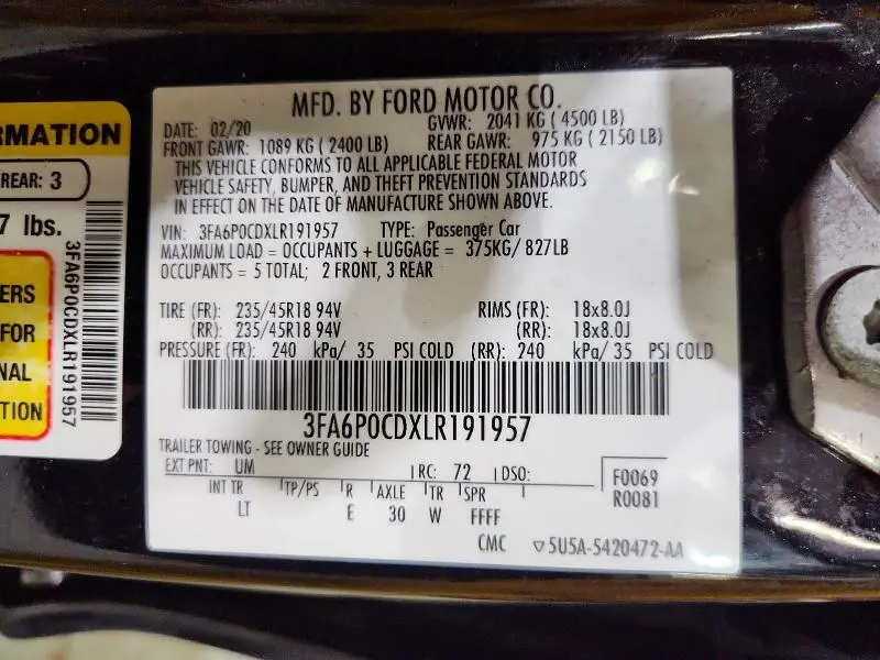 2020 FORD FUSION SEL  