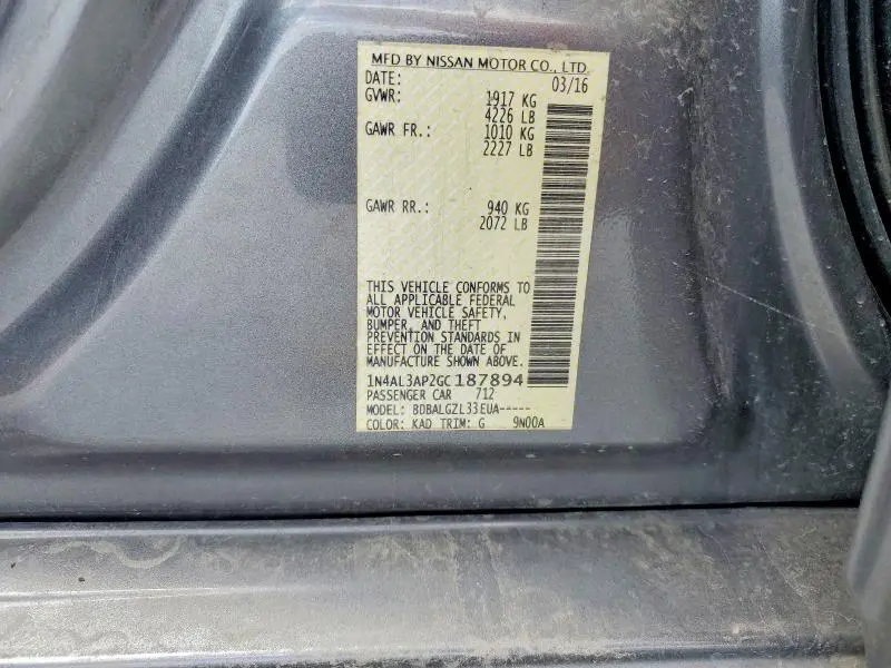 2016 NISSAN ALTIMA 2.5 S  