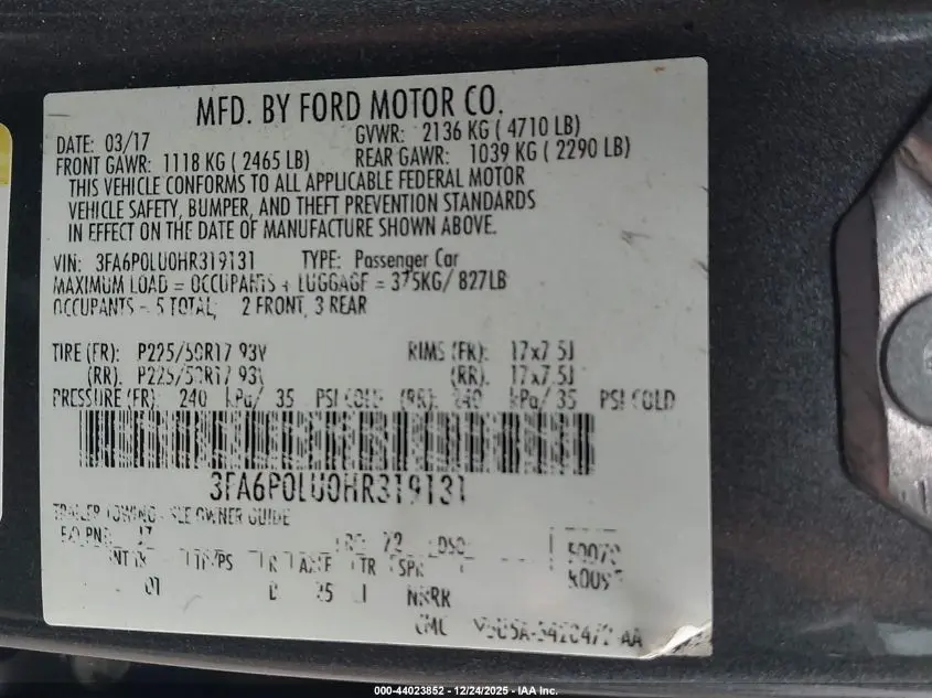 2017 FORD FUSION HYBRID SE