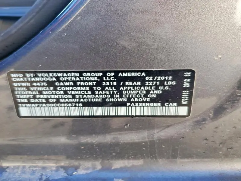 2012 VOLKSWAGEN PASSAT S  