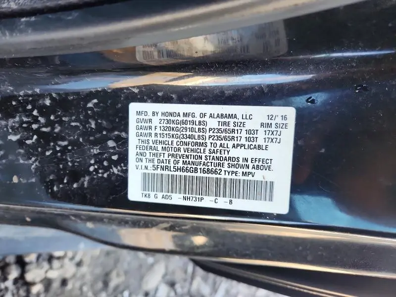 2016 HONDA ODYSSEY EXL  