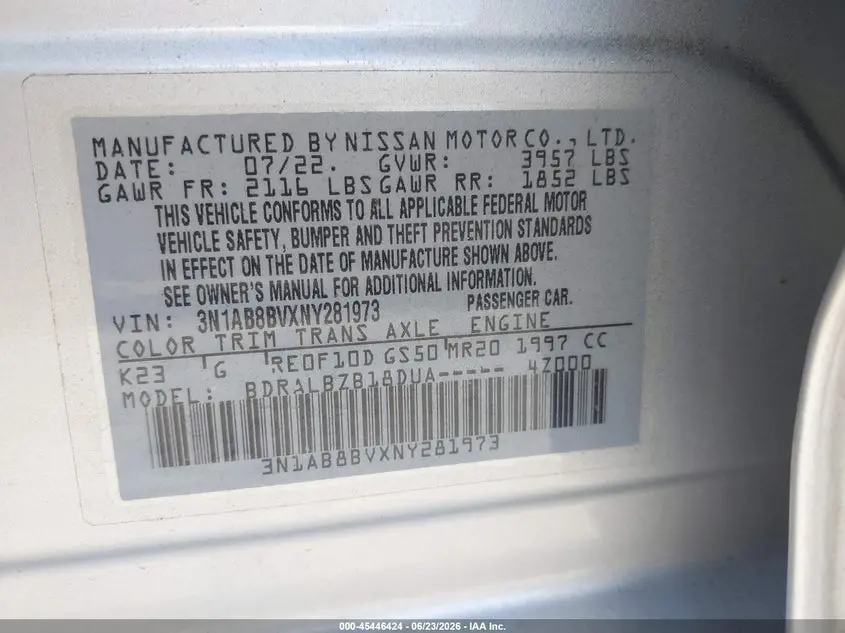 2022 NISSAN SENTRA S XTRONIC CVT
