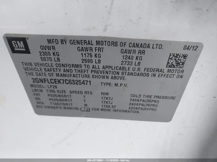 2012 CHEVROLET EQUINOX LS