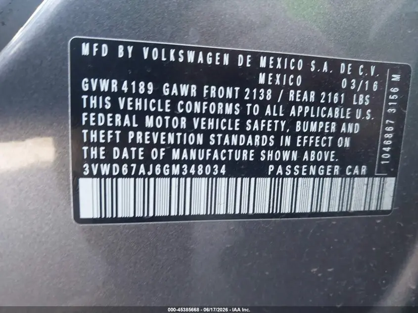 2016 VOLKSWAGEN JETTA 1.4T SE