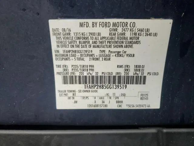 2016 FORD TAURUS SEL