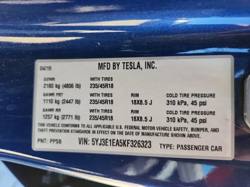 2019 TESLA MODEL 3   