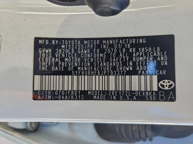 2018 TOYOTA COROLLA L  