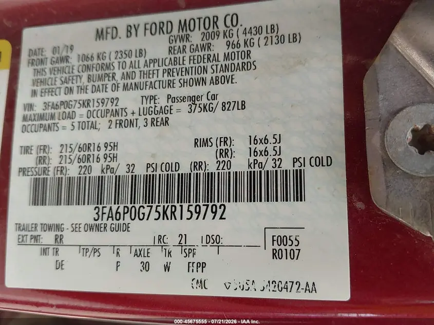 2019 FORD FUSION S