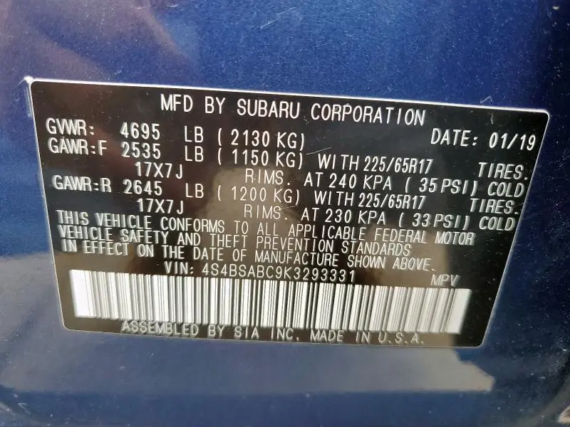 2019 SUBARU OUTBACK 2.5I  