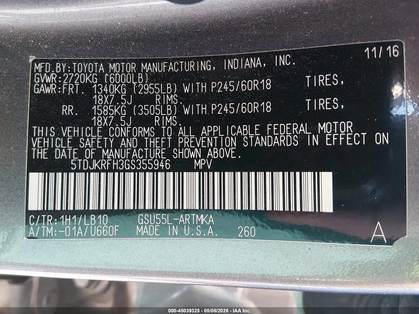 2016 TOYOTA HIGHLANDER XLE V6