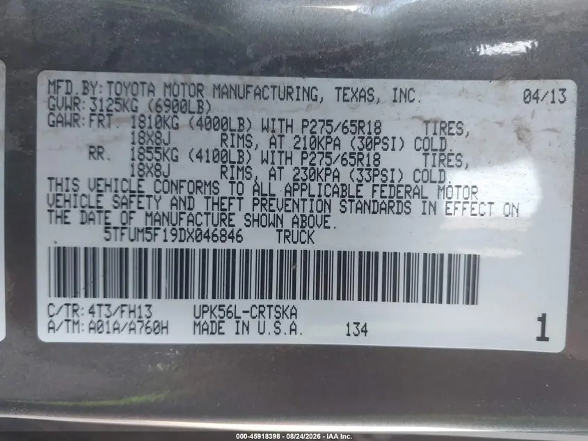 2013 TOYOTA TUNDRA GRADE 4.6L V8