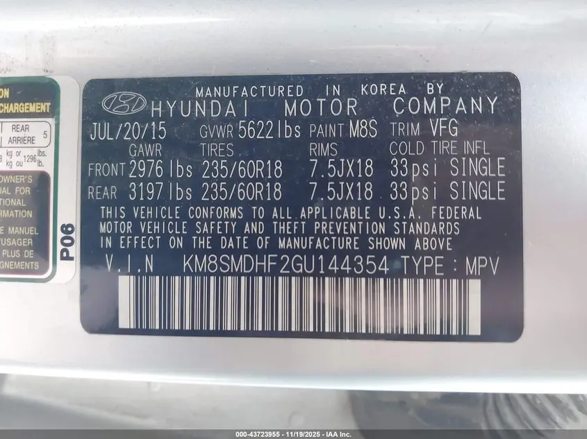 2016 HYUNDAI SANTA FE SE