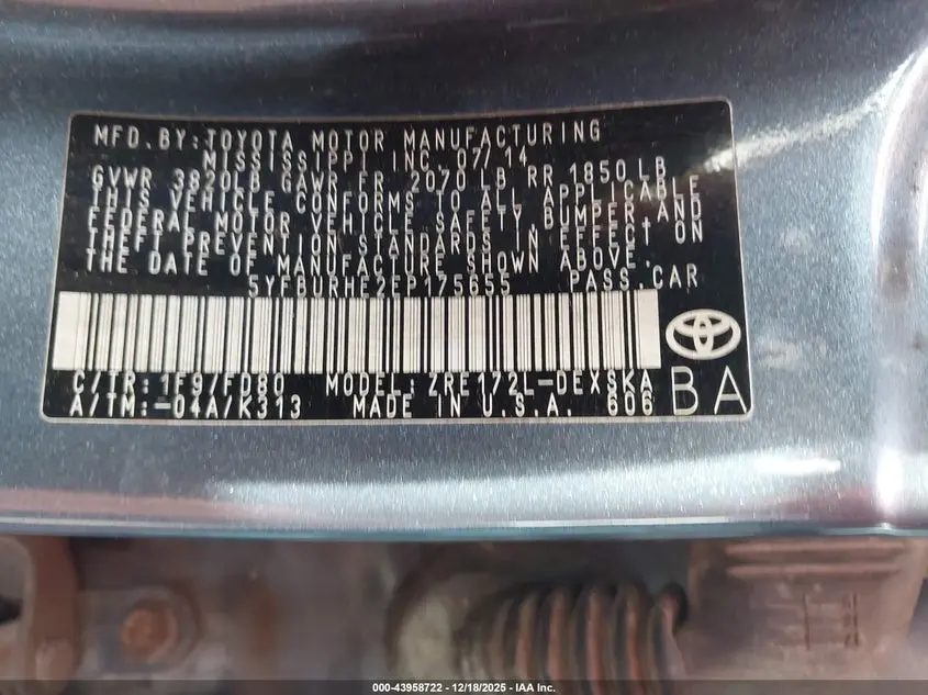 2014 TOYOTA COROLLA S PLUS