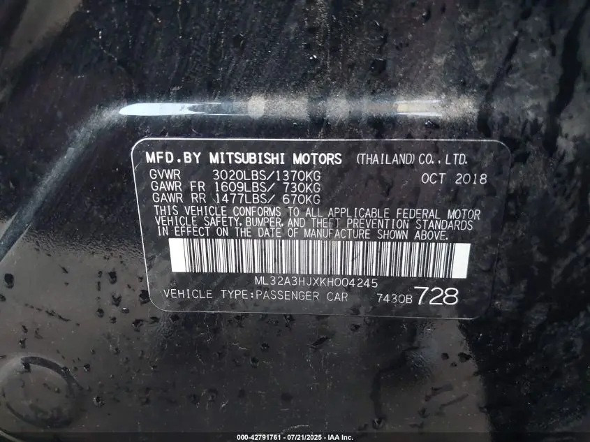 2019 MITSUBISHI MIRAGE ES