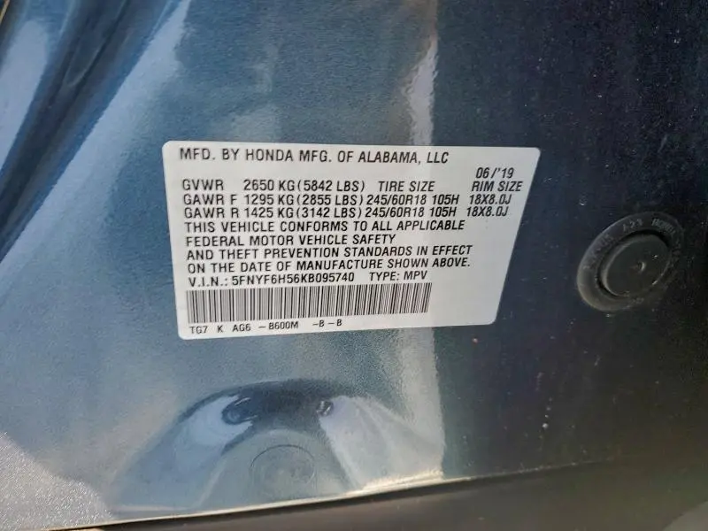 2019 HONDA PILOT EXL  