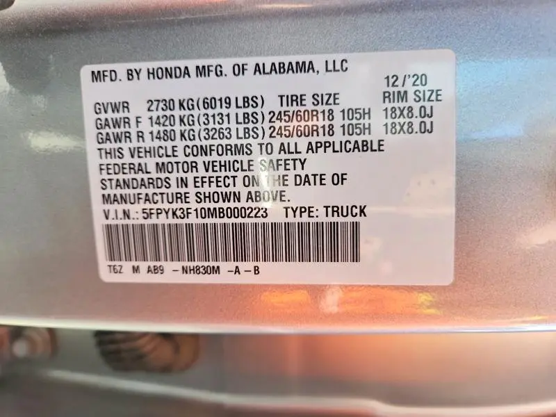 2021 HONDA RIDGELINE SPORT  