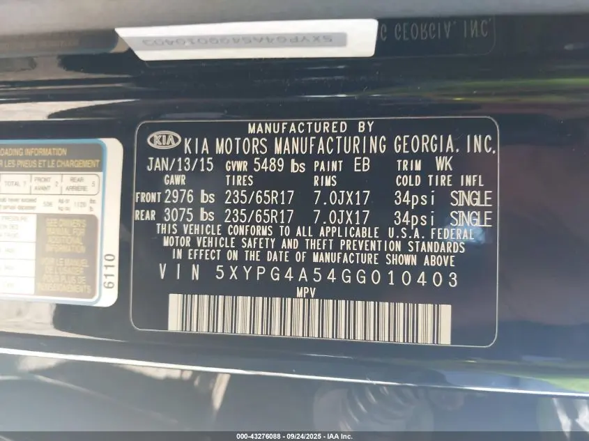 2016 KIA SORENTO 3.3L LX