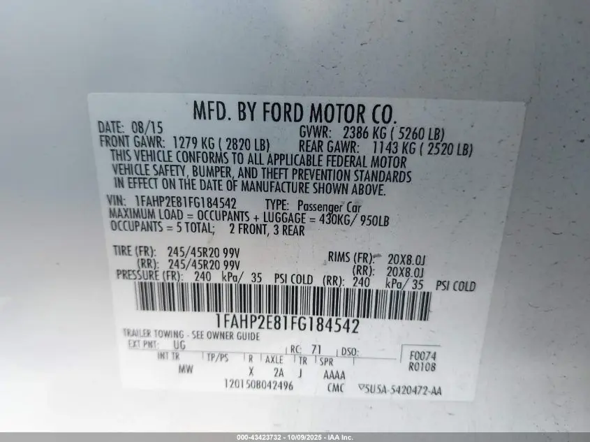 2015 FORD TAURUS SEL