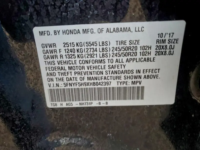 2017 HONDA PILOT TOURING  