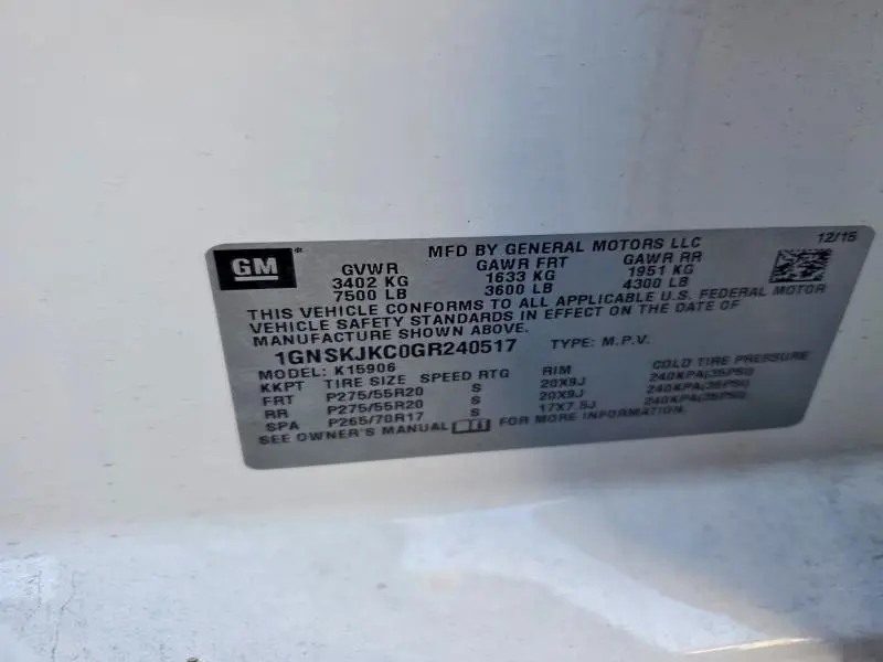 2016 CHEVROLET SUBURBAN K1500 LTZ  