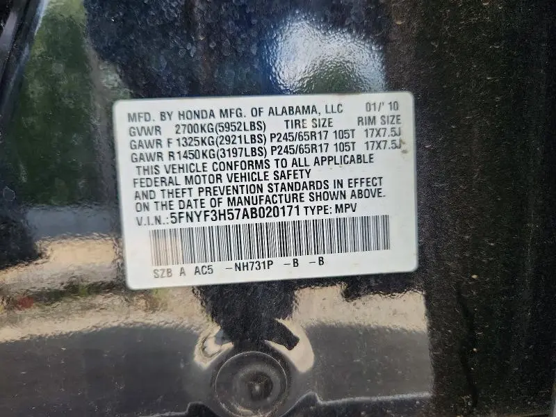 2010 HONDA PILOT EXL  