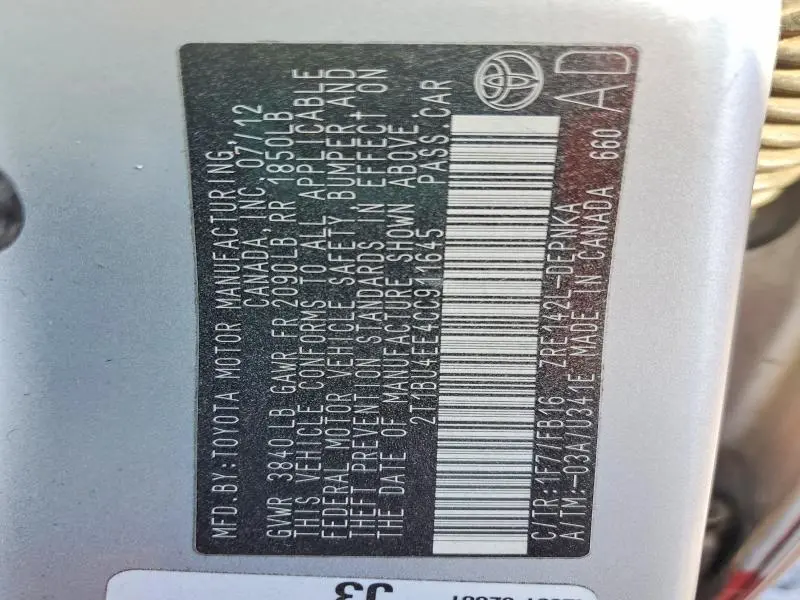 2012 TOYOTA COROLLA BASE  