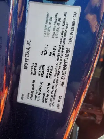 2019 TESLA MODEL 3 