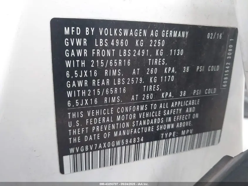 2016 VOLKSWAGEN TIGUAN S