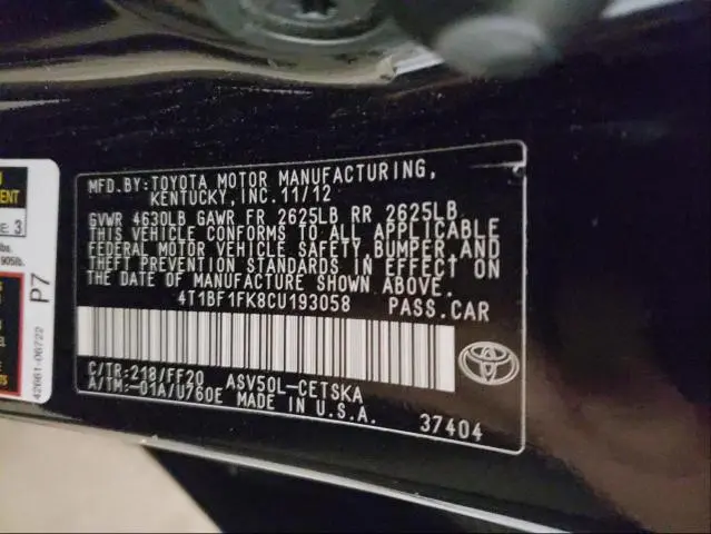 2012 TOYOTA CAMRY BASE