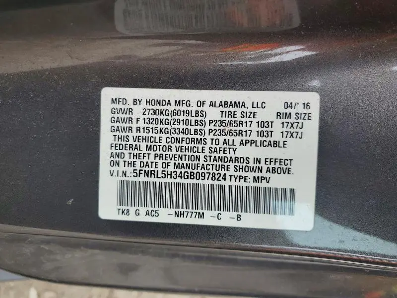 2016 HONDA ODYSSEY SE  