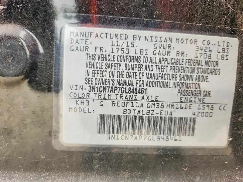 2016 NISSAN VERSA 1.6 SV  
