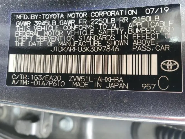 2019 TOYOTA PRIUS   